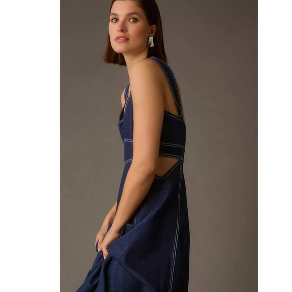 New Anthropologie Aureta Studio Corset Denim Cutout Dress $198  Medium 8/10 Blue - Picture 3 of 5